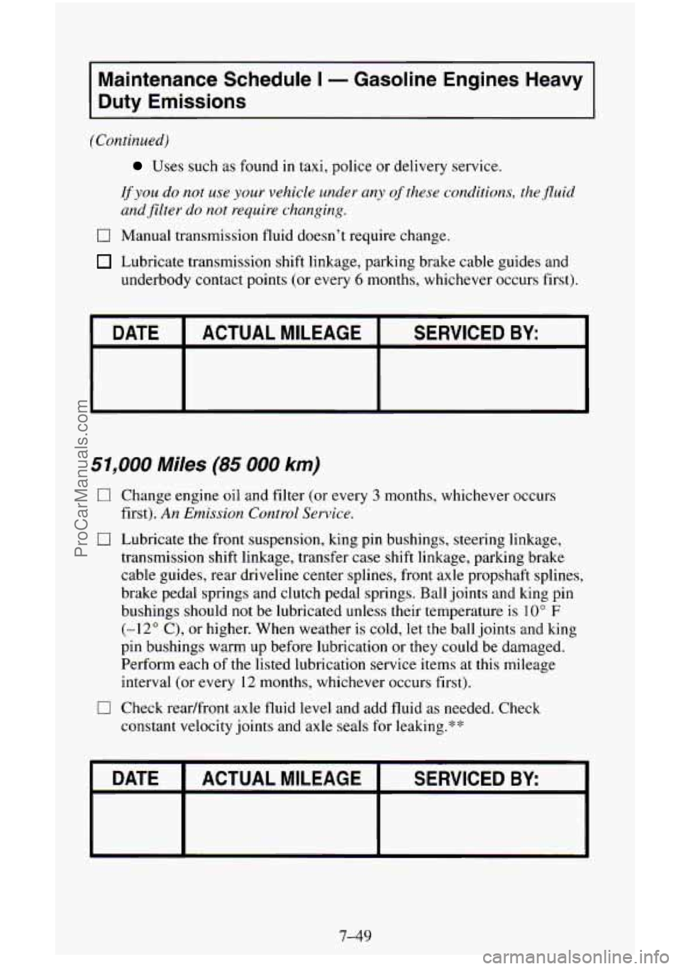 CHEVROLET SUBURBAN 1996 Owners Manual Maintenance Schedule I - Gasoline Engines Heavy
Duty Emissions
(Continued)
Uses such as found in taxi, police or delivery service.
If you do not use your vehicle under any of these condi CHEVROLET SUBURBAN 1996 Owners Manual Maintenance Schedule I - Gasoline Engines Heavy
Duty Emissions
(Continued)
Uses such as found in taxi, police or delivery service.
If you do not use your vehicle under any of these condi