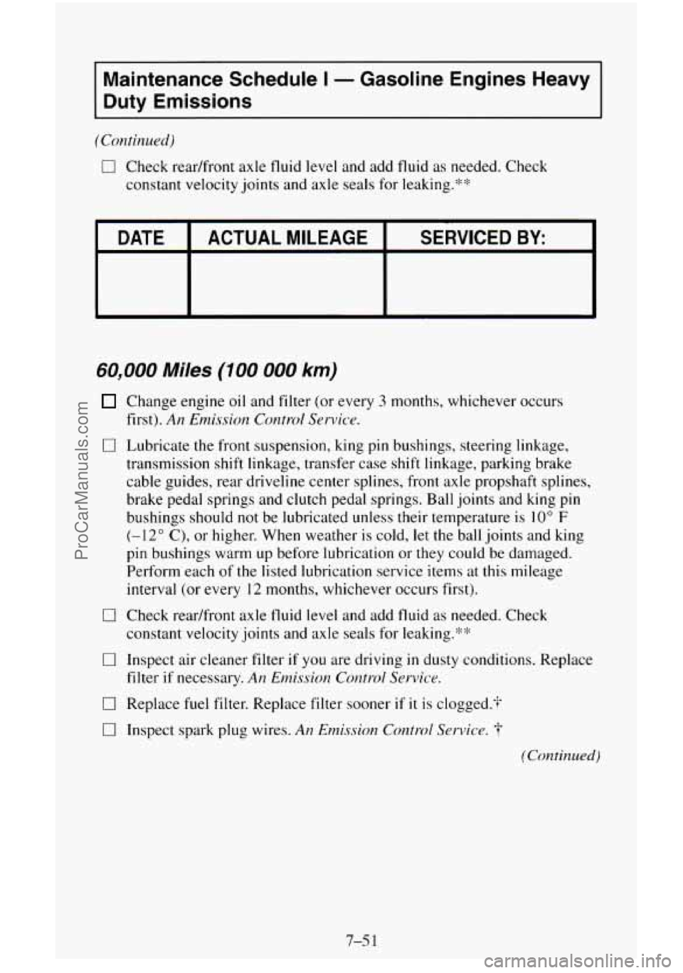 CHEVROLET SUBURBAN 1996 Owners Manual Maintenance Schedule I - Gasoline Engines Heavy
Duty Emissions
(Continued)
0 Check readfront axle fluid level and add fluid as needed. Check
constant velocity joints and axle seals for l CHEVROLET SUBURBAN 1996 Owners Manual Maintenance Schedule I - Gasoline Engines Heavy
Duty Emissions
(Continued)
0 Check readfront axle fluid level and add fluid as needed. Check
constant velocity joints and axle seals for l