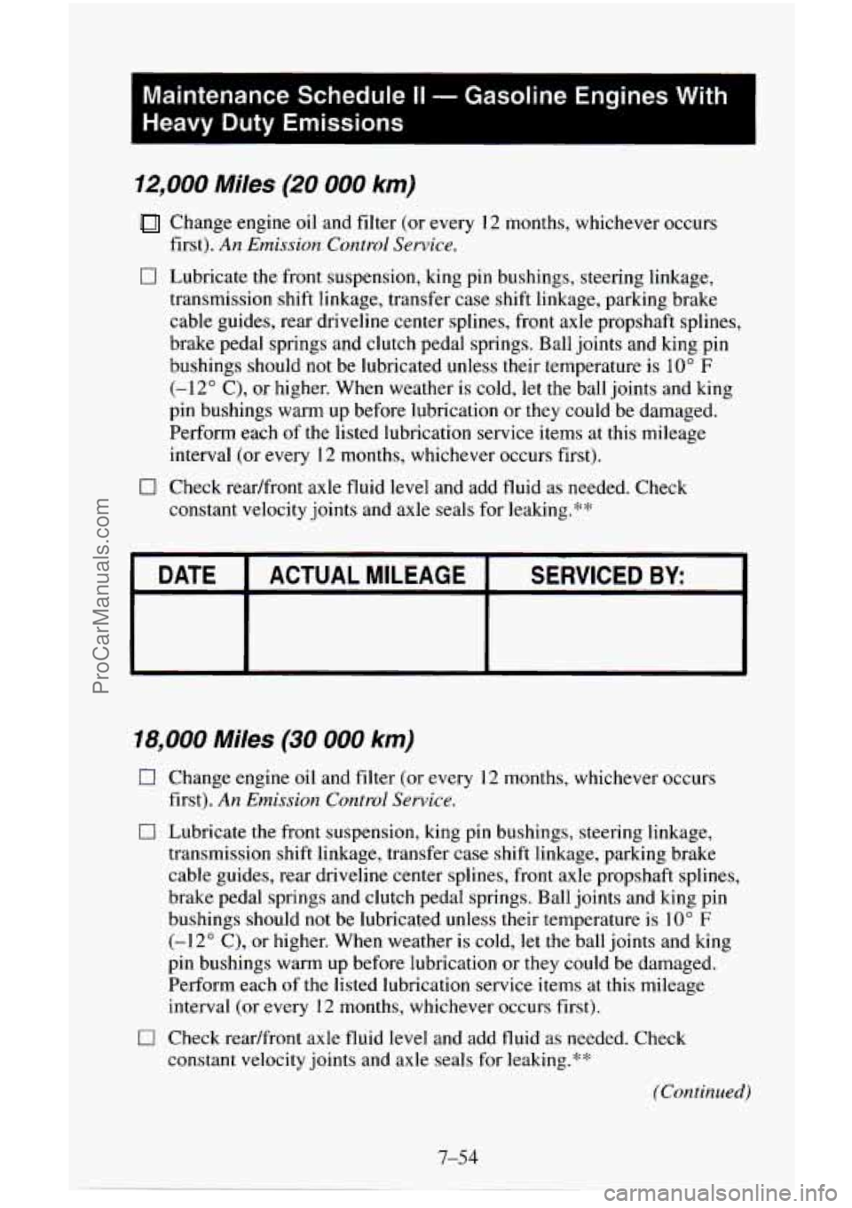 CHEVROLET SUBURBAN 1996 Owners Manual I
Maintenance Schedule II - Gasoline Engines With
Heavy
Duty Emissions
12,000 Miles (20 000 km)
Change engine oil and filter (or every 12 months, whichever occurs
first).
An Emission CHEVROLET SUBURBAN 1996 Owners Manual I
Maintenance Schedule II - Gasoline Engines With
Heavy
Duty Emissions
12,000 Miles (20 000 km)
Change engine oil and filter (or every 12 months, whichever occurs
first).
An Emission