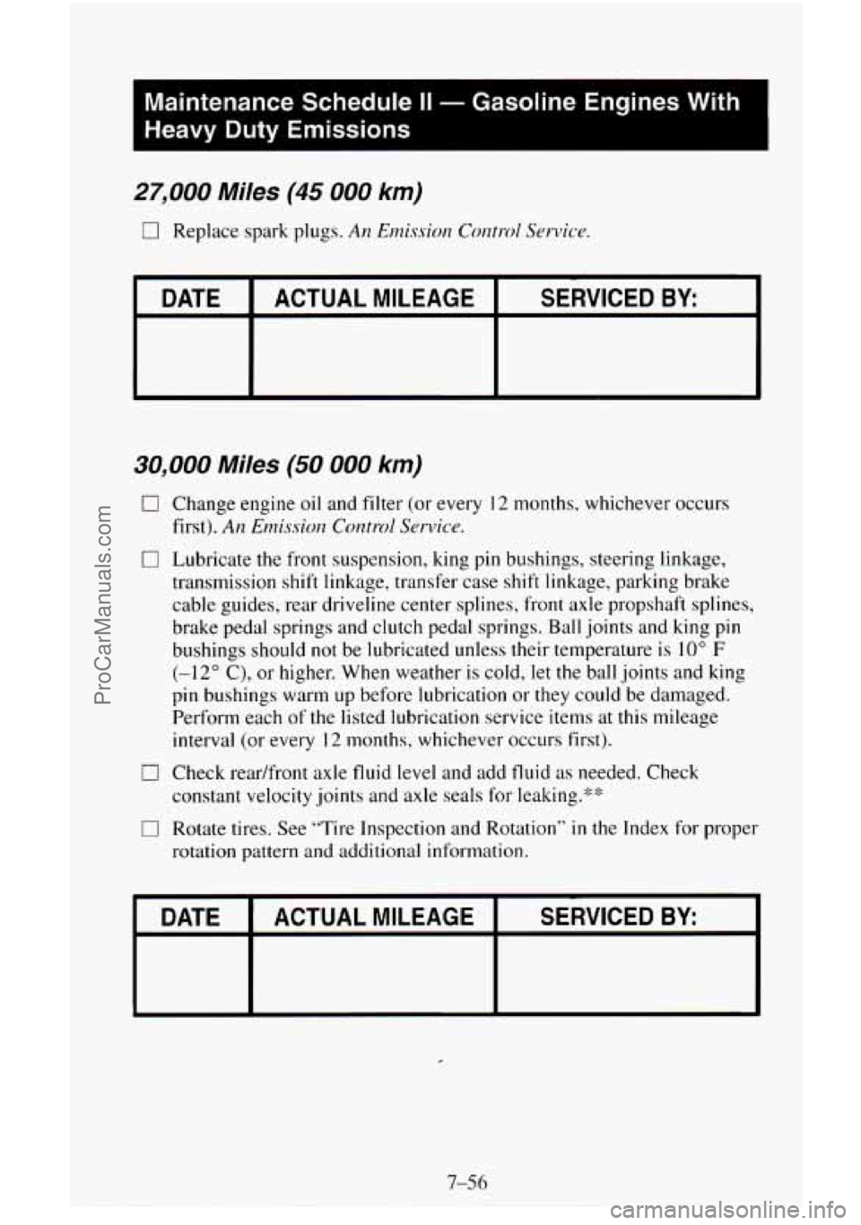 CHEVROLET SUBURBAN 1996 Owners Manual Maintenance Schedule II - Gasoline Engines With
Heavy Duty Emissions
27,000 Miles (45 000 km)
0 Replace spark plugs. An Emission Control Service.
DATE SERVICED BY: ACTUAL MILEAGE r
30,000 Mil CHEVROLET SUBURBAN 1996 Owners Manual Maintenance Schedule II - Gasoline Engines With
Heavy Duty Emissions
27,000 Miles (45 000 km)
0 Replace spark plugs. An Emission Control Service.
DATE SERVICED BY: ACTUAL MILEAGE r
30,000 Mil