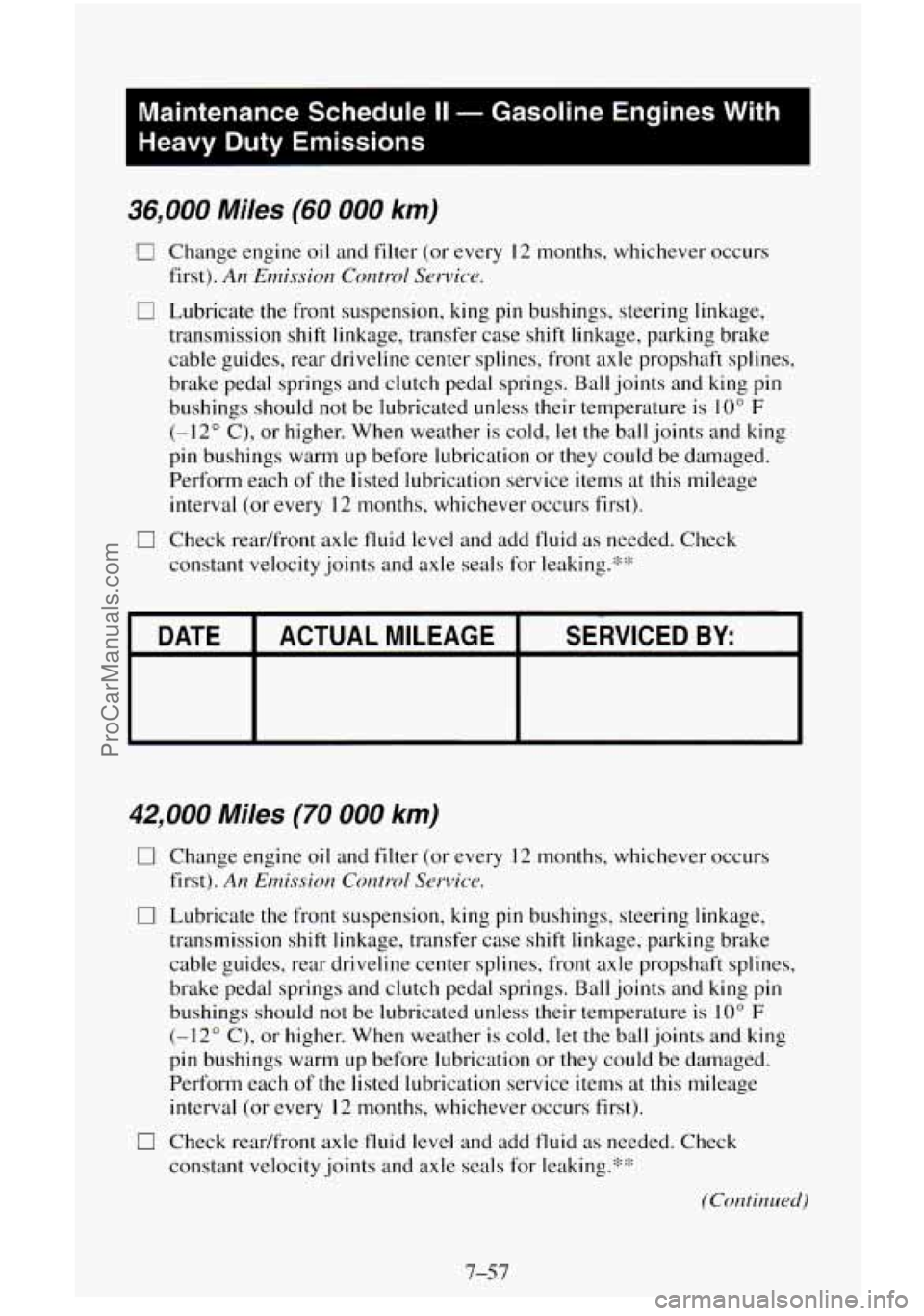 CHEVROLET SUBURBAN 1996 Owners Manual I
Maintenance Schedule II - Gasoline Engines With
Heavy Duty Emissions
I
36,000 Miles (60 000 km)
0 Change engine oil and filter (or every 12 months, whichever occurs
first).
An Emis CHEVROLET SUBURBAN 1996 Owners Manual I
Maintenance Schedule II - Gasoline Engines With
Heavy Duty Emissions
I
36,000 Miles (60 000 km)
0 Change engine oil and filter (or every 12 months, whichever occurs
first).
An Emis