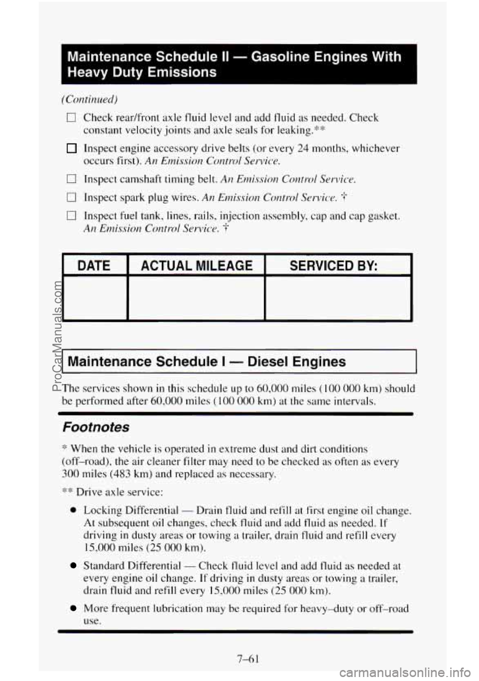 CHEVROLET SUBURBAN 1996 Owners Manual I
Maintenance Schedule II - Gasoline Engines With
Heavy Duty Emissions
m
(Continued)
17 Check readfront axle tluid level and add fluid as needed. Check
constant velocity joints and axle CHEVROLET SUBURBAN 1996 Owners Manual I
Maintenance Schedule II - Gasoline Engines With
Heavy Duty Emissions
m
(Continued)
17 Check readfront axle tluid level and add fluid as needed. Check
constant velocity joints and axle