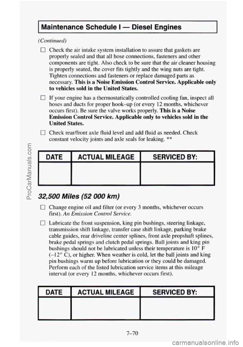 CHEVROLET SUBURBAN 1996 Owners Manual I Maintenance Schedule I - Diesel Engines I
(Continued)
0 Check the air intake system installation to assure that gaskets are
properly sealed and that all hose connections, fasteners and oth CHEVROLET SUBURBAN 1996 Owners Manual I Maintenance Schedule I - Diesel Engines I
(Continued)
0 Check the air intake system installation to assure that gaskets are
properly sealed and that all hose connections, fasteners and oth