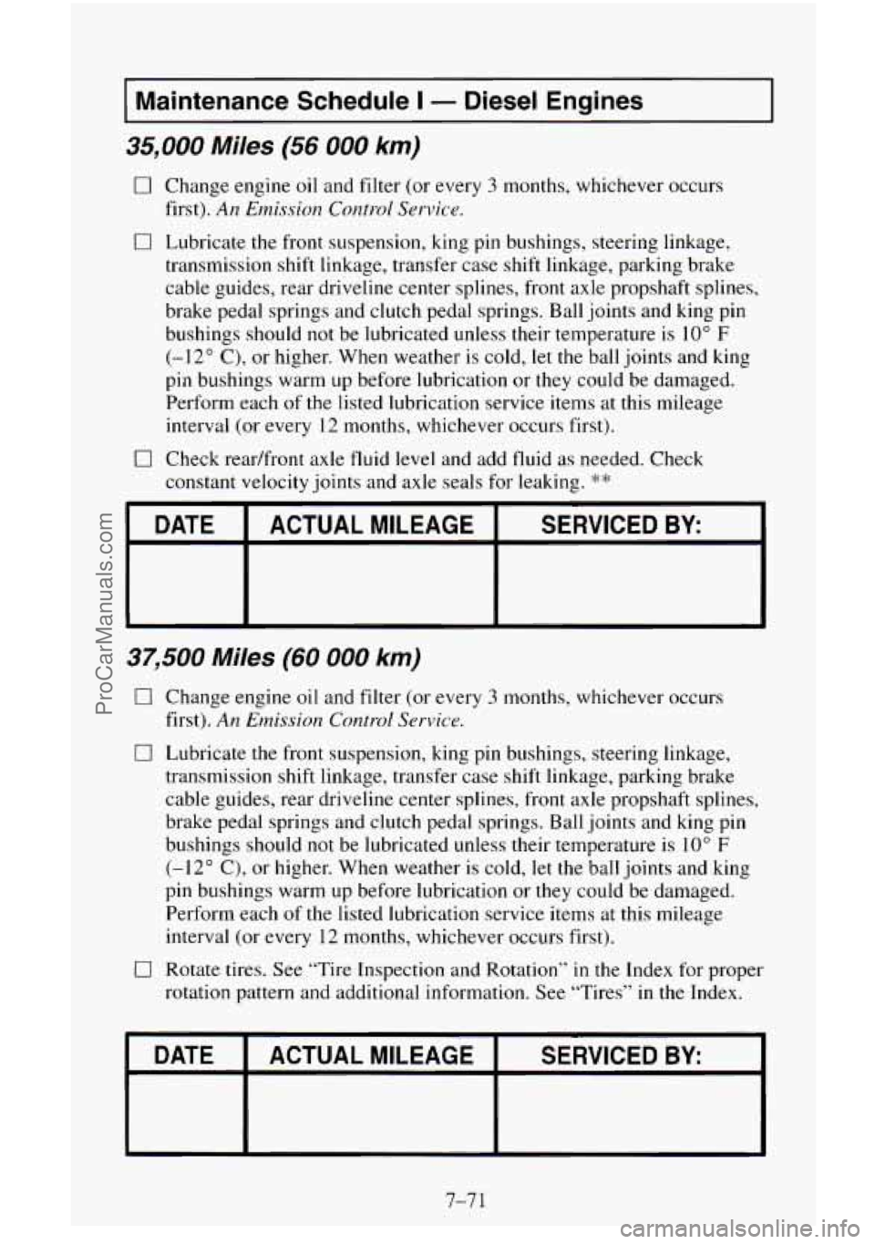 CHEVROLET SUBURBAN 1996 Owners Manual I Maintenance Schedule I - Diesel Engines I
35,000 Miles (56 000 km)
0 Change engine oil and filter (or every 3 months, whichever occurs
first).
An Emission Control Service.
c Lubricate CHEVROLET SUBURBAN 1996 Owners Manual I Maintenance Schedule I - Diesel Engines I
35,000 Miles (56 000 km)
0 Change engine oil and filter (or every 3 months, whichever occurs
first).
An Emission Control Service.
c Lubricate