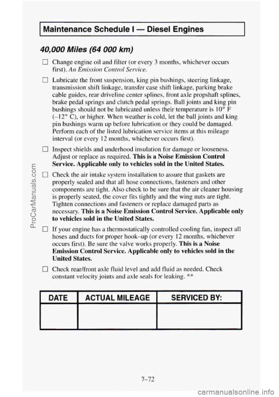 CHEVROLET SUBURBAN 1996 Owners Manual I Maintenance Schedule I - Diesel Engines I
40,000 Miles (64 000 km)
0 Change engine oil and filter (or every 3 months, whichever occurs
first).
An Emission Control Service.
0 Lubricate the CHEVROLET SUBURBAN 1996 Owners Manual I Maintenance Schedule I - Diesel Engines I
40,000 Miles (64 000 km)
0 Change engine oil and filter (or every 3 months, whichever occurs
first).
An Emission Control Service.
0 Lubricate the