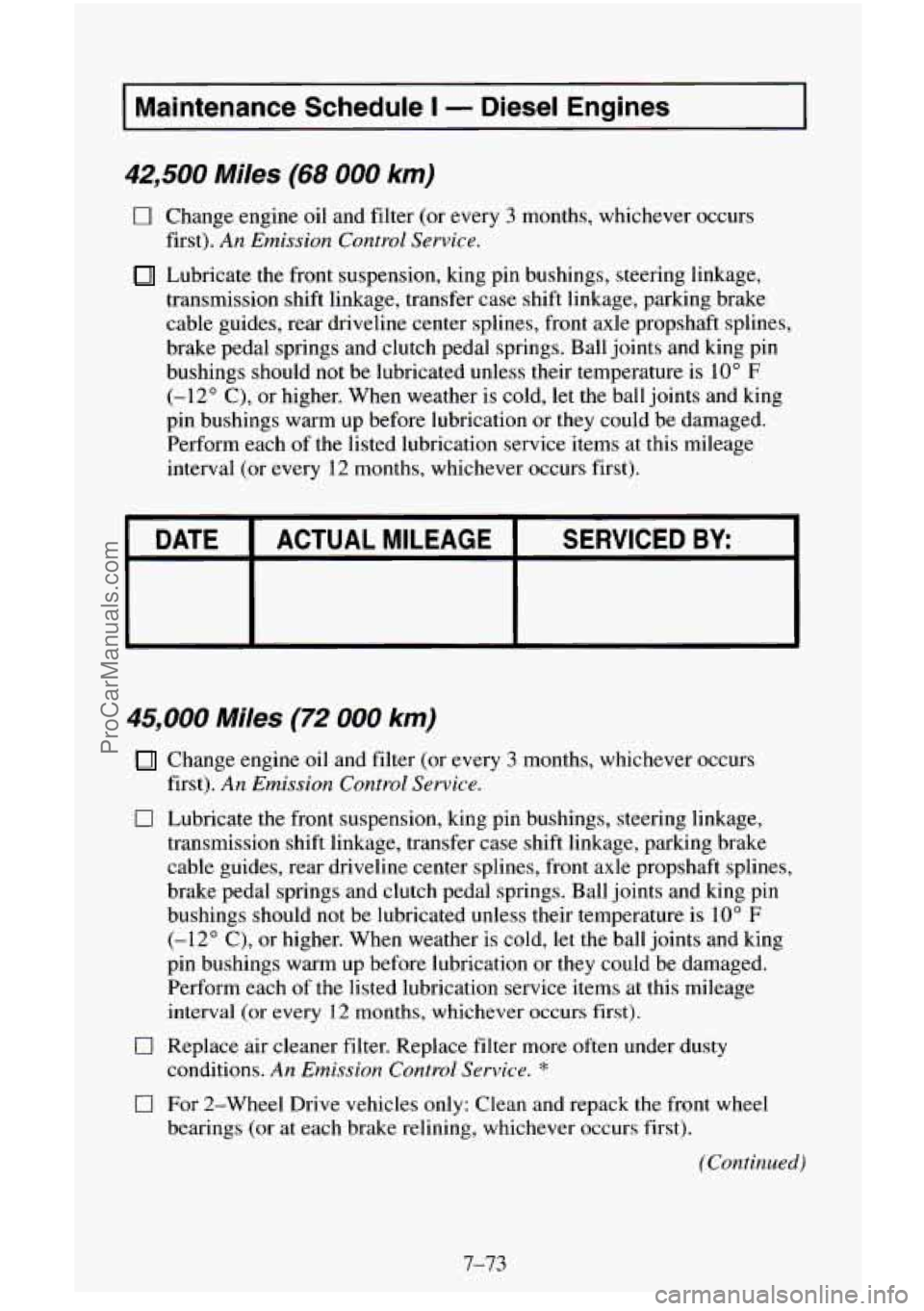 CHEVROLET SUBURBAN 1996 Owners Manual I Maintenance Schedule I - Diesel Engines I
$2,500 Miles (68 000 km)
0 Change engine oil and filter (or every 3 months, whichever occurs
Lubricate the front suspension, king pin bushings, CHEVROLET SUBURBAN 1996 Owners Manual I Maintenance Schedule I - Diesel Engines I
$2,500 Miles (68 000 km)
0 Change engine oil and filter (or every 3 months, whichever occurs
Lubricate the front suspension, king pin bushings,