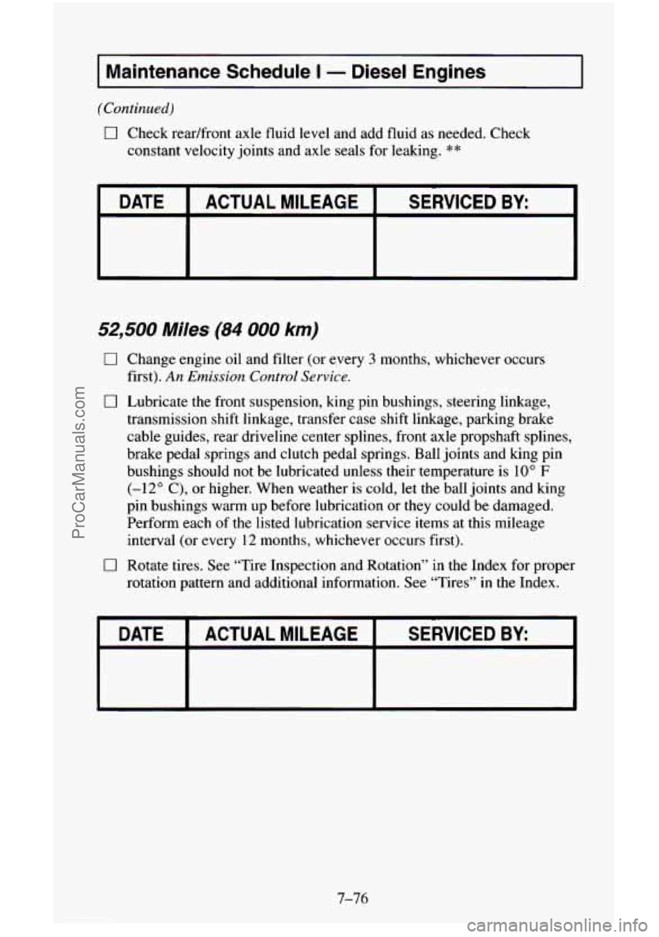 CHEVROLET SUBURBAN 1996 Owners Manual I
I Maintenance Schedule I - Diesel Engines 1
(Continued)
0 Check readfront axle fluid level and add fluid as needed. Check
constant velocity joints and axle seals for leaking.
**
DATE SE CHEVROLET SUBURBAN 1996 Owners Manual I
I Maintenance Schedule I - Diesel Engines 1
(Continued)
0 Check readfront axle fluid level and add fluid as needed. Check
constant velocity joints and axle seals for leaking.
**
DATE SE