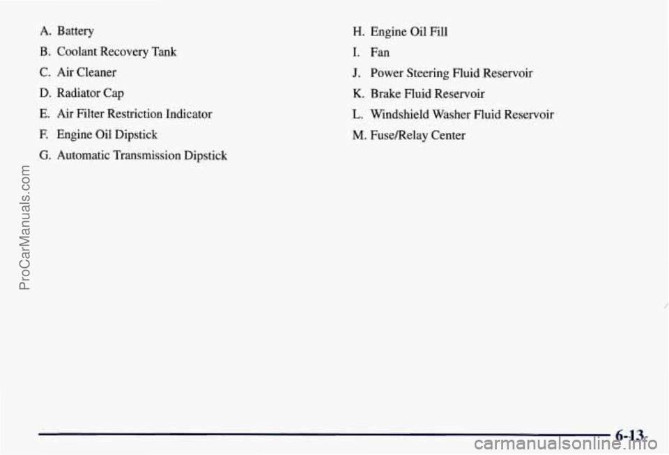 CHEVROLET SUBURBAN 1997  Owners Manual A. Battery 
B. Coolant Recovery Tank 
C. 
Air Cleaner 
D.  Radiator  Cap 
E. Air Filter  Restriction  Indicator 
F.  Engine  Oil Dipstick 
G. Automatic Transmission  Dipstick 
H. Engine  Oil  Fill 
I.