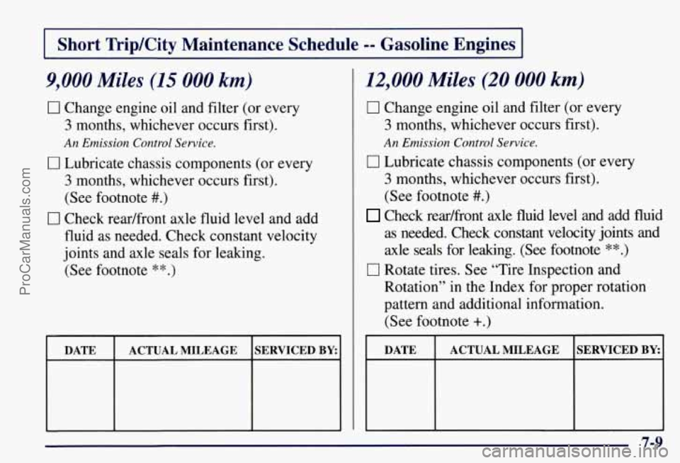 CHEVROLET SUBURBAN 1997 Owners Manual Short Trip/City Maintenance Schedule -- Gasoline Engines
9,000 Miles (15 000 km)
0 Change engine oil and filter (or every
3 months, whichever occurs first).
An Emission Control Service.
0 CHEVROLET SUBURBAN 1997 Owners Manual Short Trip/City Maintenance Schedule -- Gasoline Engines
9,000 Miles (15 000 km)
0 Change engine oil and filter (or every
3 months, whichever occurs first).
An Emission Control Service.
0