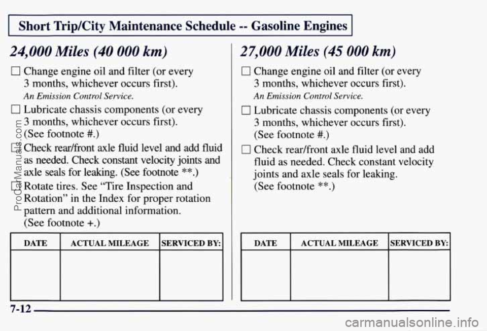 CHEVROLET SUBURBAN 1997 Owners Manual I Short Trip/City Maintenance Schedule -- Gasoline Engines I
24,000 Miles (40 000 km)
0 Change engine oil and filter (or every
3 months, whichever occurs first).
An Emission Control Service. CHEVROLET SUBURBAN 1997 Owners Manual I Short Trip/City Maintenance Schedule -- Gasoline Engines I
24,000 Miles (40 000 km)
0 Change engine oil and filter (or every
3 months, whichever occurs first).
An Emission Control Service.