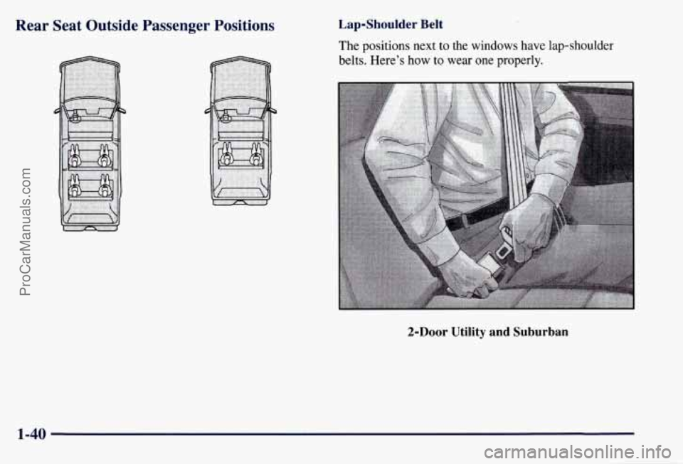 CHEVROLET SUBURBAN 1997  Owners Manual Rear  Seat  Outside  Passenger  Positions Lap-Shoulder  Belt 
The positions next  to the  windows have lap-shoulder 
belts. Here’s how  to wear  one properly. 
2-Door  Utility  and  Suburban 
1-40 
