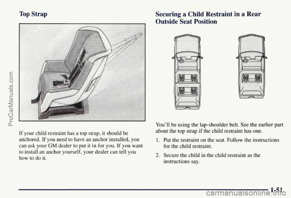 CHEVROLET SUBURBAN 1997  Owners Manual Top  Strap 
If your child restraint  has a top  strap,  it should  be 
anchored. 
If you  need  to have an anchor installed,  you 
can  ask  your 
GM dealer  to put  it in  for you. If you  want 
to  