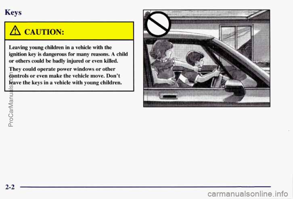 CHEVROLET SUBURBAN 1997  Owners Manual Keys 
I 
A CAUTION: 
Leaving  young  children in a vehicle  with  the 
ignition  key  is  dangerous  for  many  reasons. 
A child 
or  others  could  be  badly  injured  or  even 
killed. 
They  could