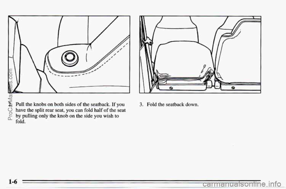 CHEVROLET TRACKER 1995  Owners Manual 2. Pull the knobs on both sides of the  seatback. If you 
have  the  split  rear  seat,  you can 
fold half  of the seat 
by  pulling  only the 
knob on the side you wish to 
fold. 
3. Fold  the  seat