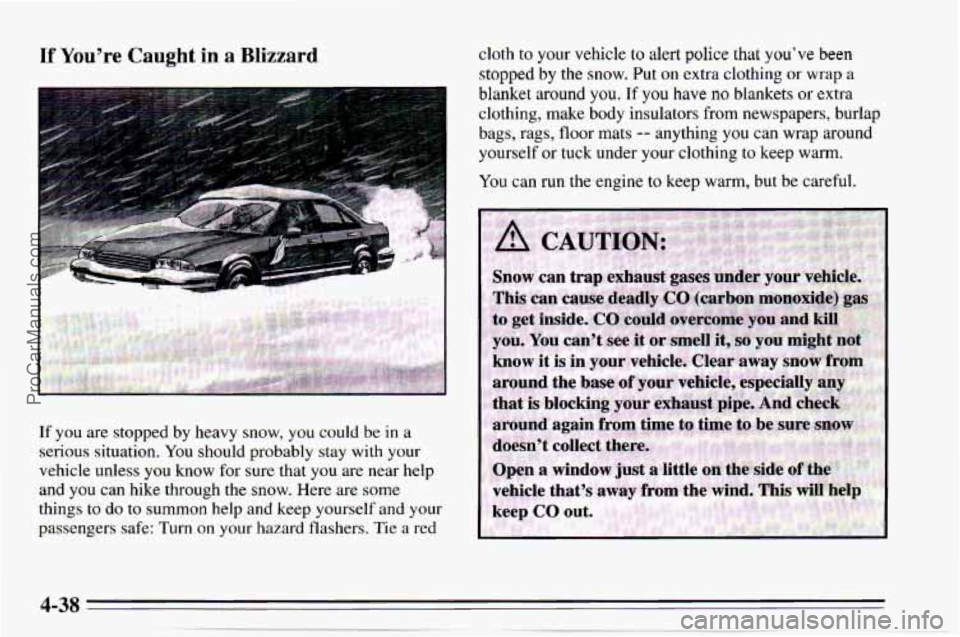 CHEVROLET TRACKER 1995  Owners Manual If You’re Caught in a Blizzard cloth to your  vehicle to alert police that you’ve  been 
stopped by the snow.  Put on extra clothing or wrap  a 
blanket  around 
you. If you have no blankets or ex