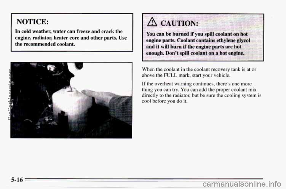 CHEVROLET TRACKER 1995  Owners Manual I NOTICE: 
In cold  weather,  water  can  freeze  and  crack  the 
engine,  radiator,  heater  core  and  other  parts.  Use 
the  recommended  coolant. 
When the coolant  in  the  coolant  recovery  