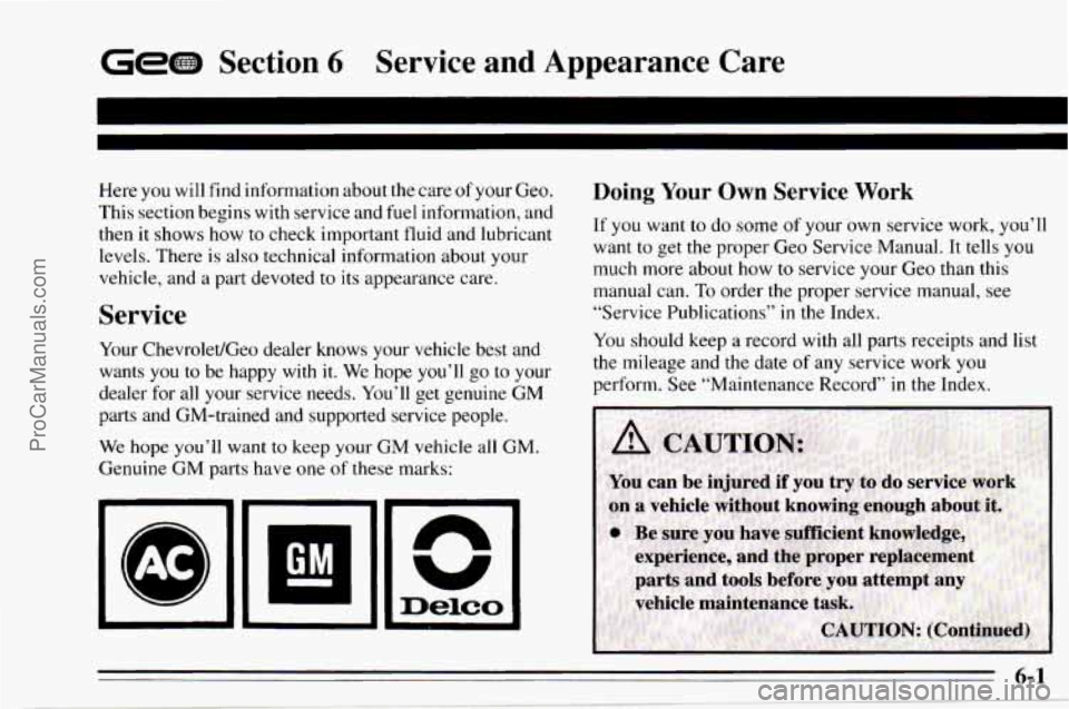 CHEVROLET TRACKER 1995  Owners Manual Gem Section 6 Service and Appearance  Care 
Here you will find  information  about the care of your Geo. 
This  section begins  with  service and fuel  information,  and 
then  it shows  how to check 