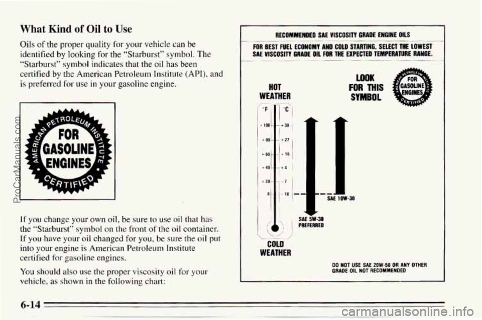 CHEVROLET TRACKER 1995  Owners Manual What Kind of Oil to Use 
Oils of the  proper  quality for your vehicle can be 
identified  by  looking 
for the  “Starburst”  symbol. The 
“Starburst”  symbol  indicates  that  the oil has  be