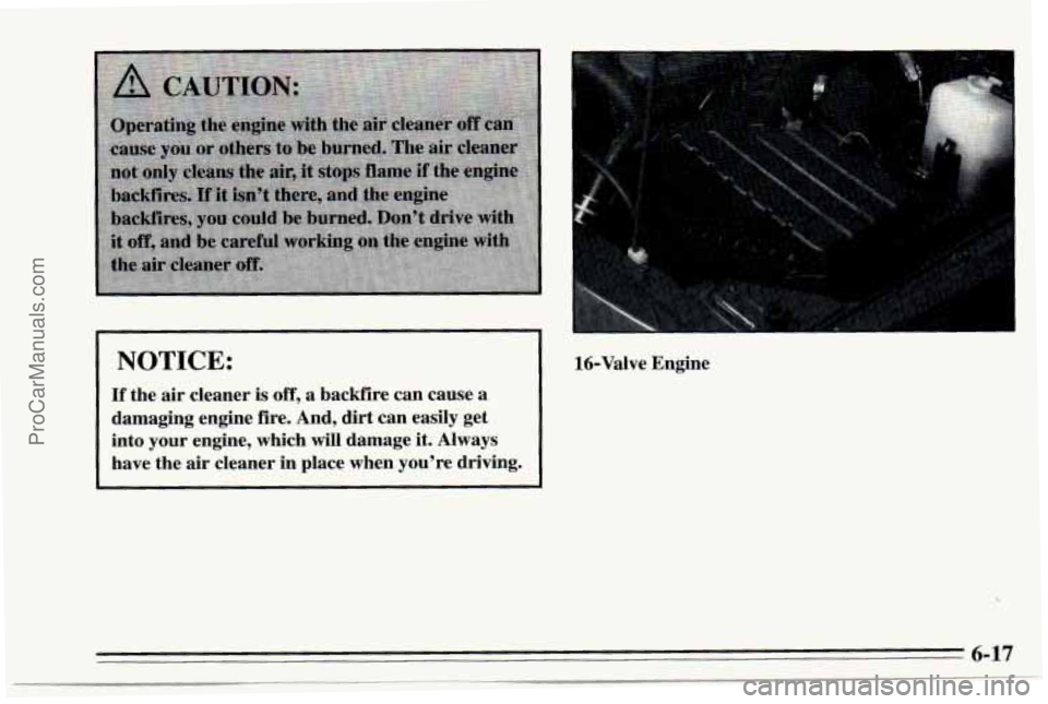 CHEVROLET TRACKER 1995  Owners Manual NOTICE: 
If the  air  cleaner is off, a  backfire  can  cause  a 
damaging  engine  fire.  And,  dirt  can  easily  get 
into  your  engine,  which  will  damage  it.  Always 
have  the  air  cleaner 