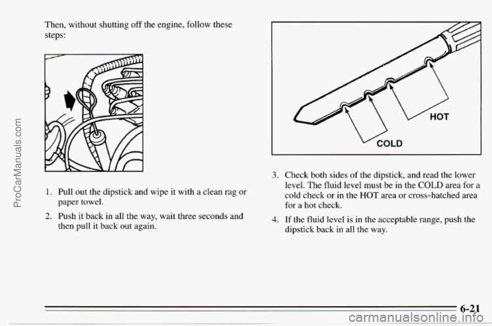 CHEVROLET TRACKER 1995  Owners Manual Then, without  shutting off the engine,  follow these 
steps: 
1. Pull  out the dipstick  and  wipe it with a clean rag or 
2. Push  it back  in all  the  way,  wait  three seconds and 
paper towel. 
