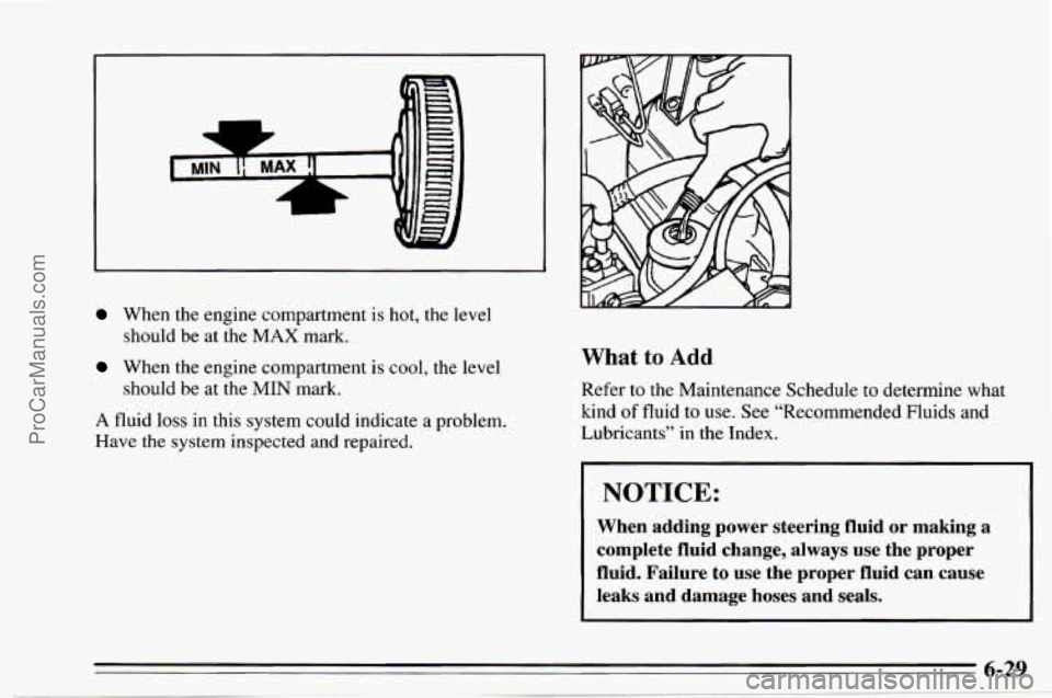 CHEVROLET TRACKER 1995  Owners Manual When the engine compartment  is hot,  the level 
should 
be at  the MAX mark. 
When  the engine compartment  is cool,  the level 
should  be  at the MIN mark. 
A fluid loss in this system could indica