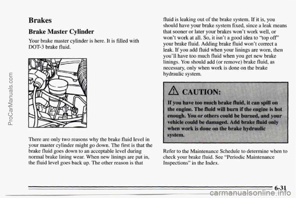CHEVROLET TRACKER 1995  Owners Manual Brakes 
Brake Master Cylinder 
YOLK brake  master  cylinder is here. It is filled with 
DOT-3 brake fluid. 
There  are only  two reasons  why the brake  fluid level  in 
your master  cylinder might go