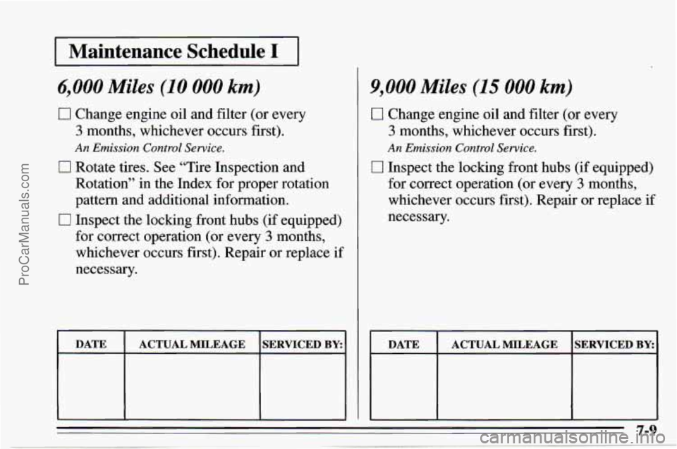 CHEVROLET TRACKER 1995  Owners Manual I Maintenance  Schedule I I 
6,000 Miles (10 000 km) 
0 Change engine oil and filter (or every 
3 months, whichever occurs first). 
0 Rotate tires.  See “Tire  Inspection  and 
Rotation”  in the I