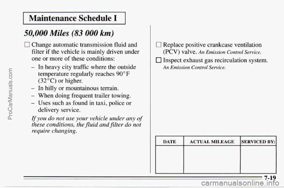 CHEVROLET TRACKER 1995  Owners Manual Maintenance  Schedule I 
50,000 Miles (83 000 km) 
0 Change automatic transmission fluid and 
filter  if the vehicle is  mainly  driven  under 
one 
or more  of these conditions: 
- In  heavy  city  t