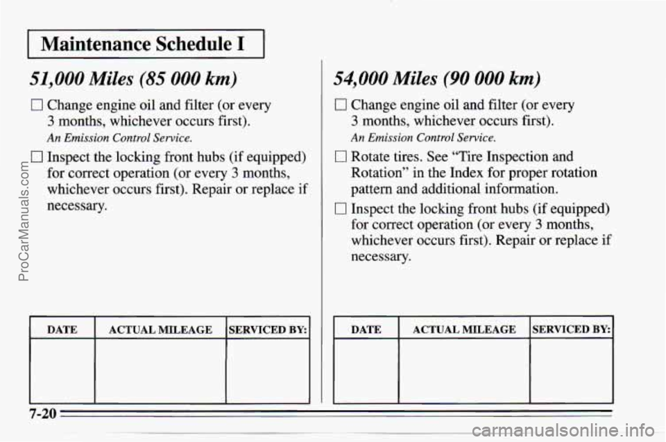 CHEVROLET TRACKER 1995  Owners Manual I Maintenance  Schedule I I 
51,000 Miles (85 000 km) 
0 Change engine oil  and  filter (or  every 
3 months,  whichever  occurs  first). 
An Emission Control Sewice. 
0 Inspect  the  locking front hu