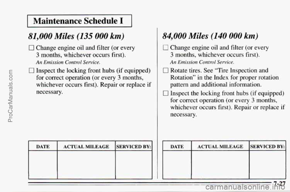 CHEVROLET TRACKER 1995  Owners Manual I Maintenance  Schedule I I __ 
81,000 Miles (135 000 km) 
0 Change engine oil and filter (or  every 
3 months, whichever  occurs first). 
An Emission  Control  Service. 
0 Inspect the locking front h