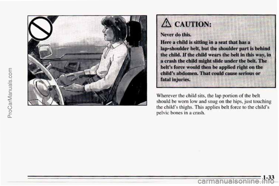 CHEVROLET TRACKER 1995  Owners Manual Wherever the child sits, the lap portion of the  belt 
should  be 
worn low and snug on the hips,  just touching 
the child’s thighs.  This applies belt  force  to 
the child’s 
pelvic bones  in 
