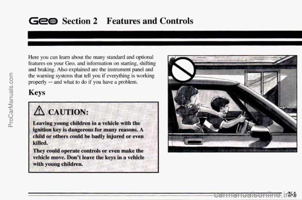 CHEVROLET TRACKER 1995  Owners Manual G - D Section 2 Features  and  Controls 
Here  you  can  learn  about the many  standard  and  optional 
features 
on your  Geo,  and  information  on  starting,  shifting 
and  braking. 
Also explain