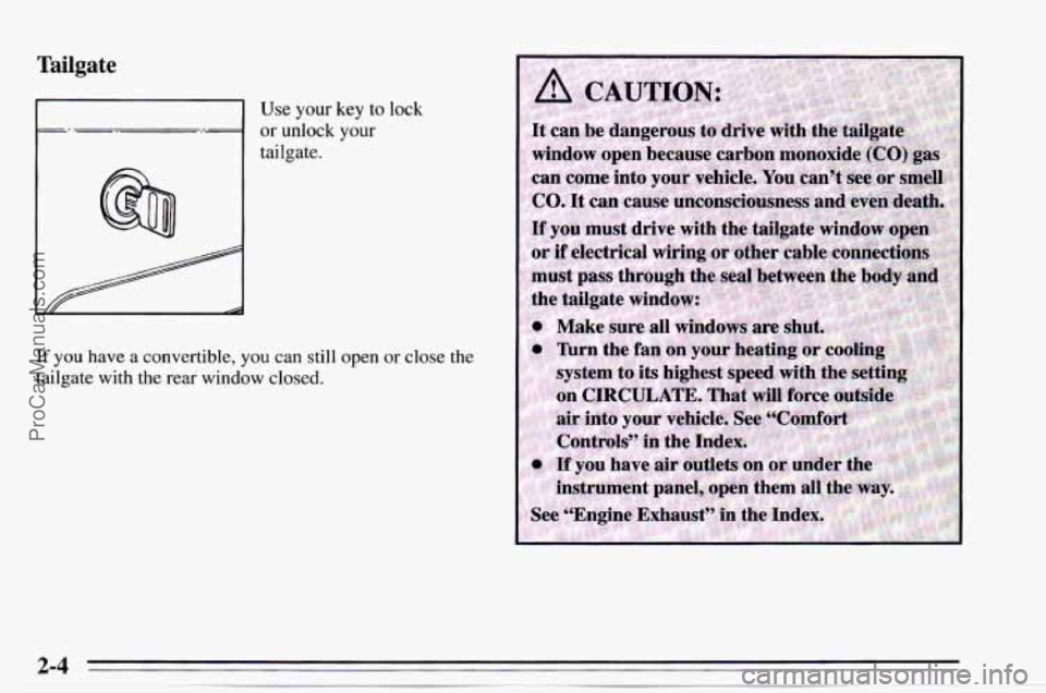 CHEVROLET TRACKER 1995  Owners Manual Tailgate 
Use your key  to lock 
or unlock your 
tailgate. 
If you  have  a  convertible,  you  can  still  open  or close  the 
tailgate  with the rear  window  closed. 
2-4 
ProCarManuals.com 
