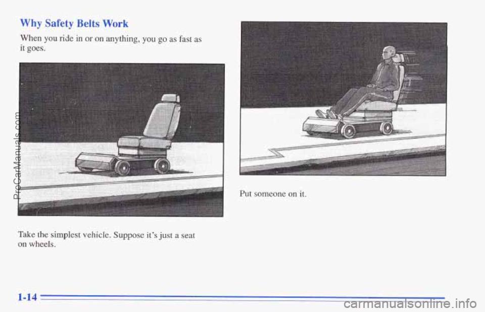 CHEVROLET TRACKER 1996  Owners Manual hy Safety 
When you ride 
it goes. 
Belts WOI 1 
in or on anything, you go as fast as 
Take  the simplest vehicle. 
Suppose it’s just a seat 
on wheels. 
Put someone  on it. 
1-14 
ProCarManuals.com