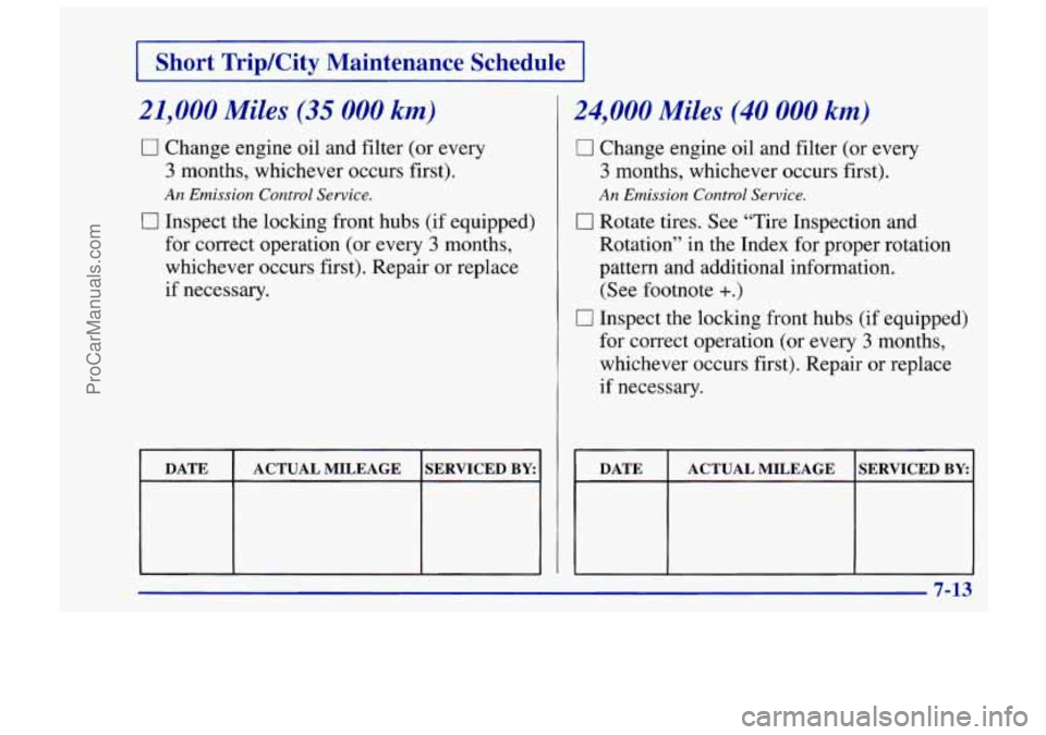 CHEVROLET TRACKER 1997  Owners Manual 1 Short  Trip/City  Maintenance  Schedule 1 
21,000 Miles (35 000 km) 
0 Change  engine oil and filter (or every 
3 months, whichever occurs first). 
An Emission  Control Service. 
0 Inspect the locki