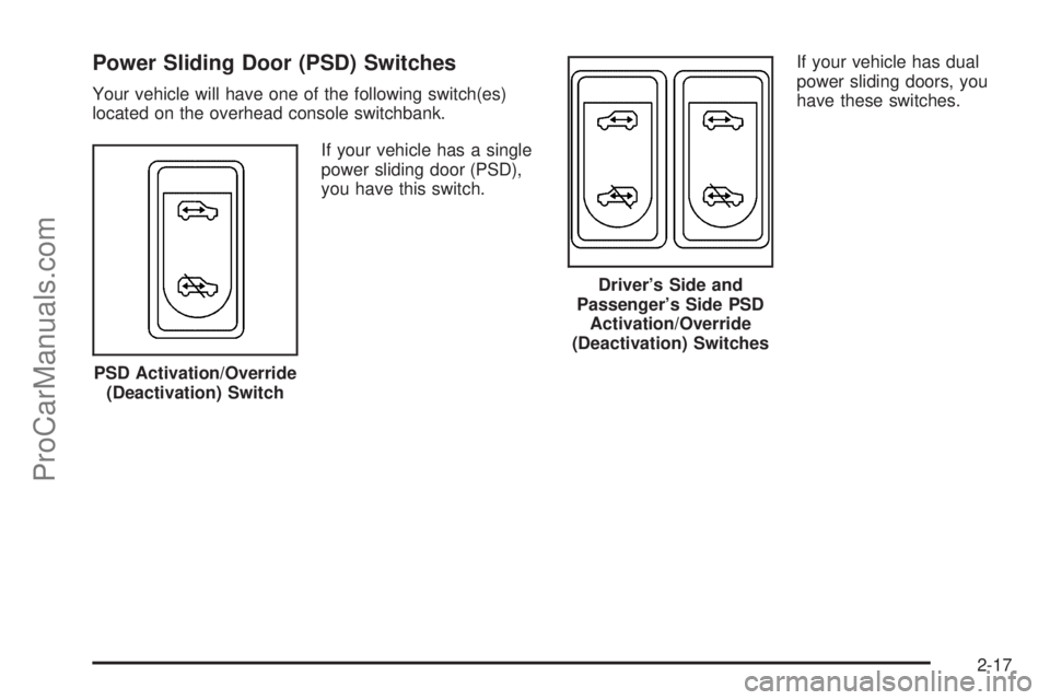 CHEVROLET UPLANDER 2006  Owners Manual Power Sliding Door (PSD) Switches
Your vehicle will have one of the following switch(es)
located on the overhead console switchbank.
If your vehicle has a single
power sliding door (PSD),
you have thi