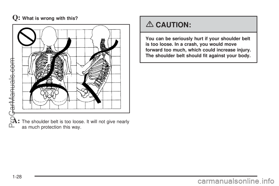 CHEVROLET UPLANDER 2006  Owners Manual Q:What is wrong with this?
A:The shoulder belt is too loose. It will not give nearly
as much protection this way.
{CAUTION:
You can be seriously hurt if your shoulder belt
is too loose. In a crash, yo