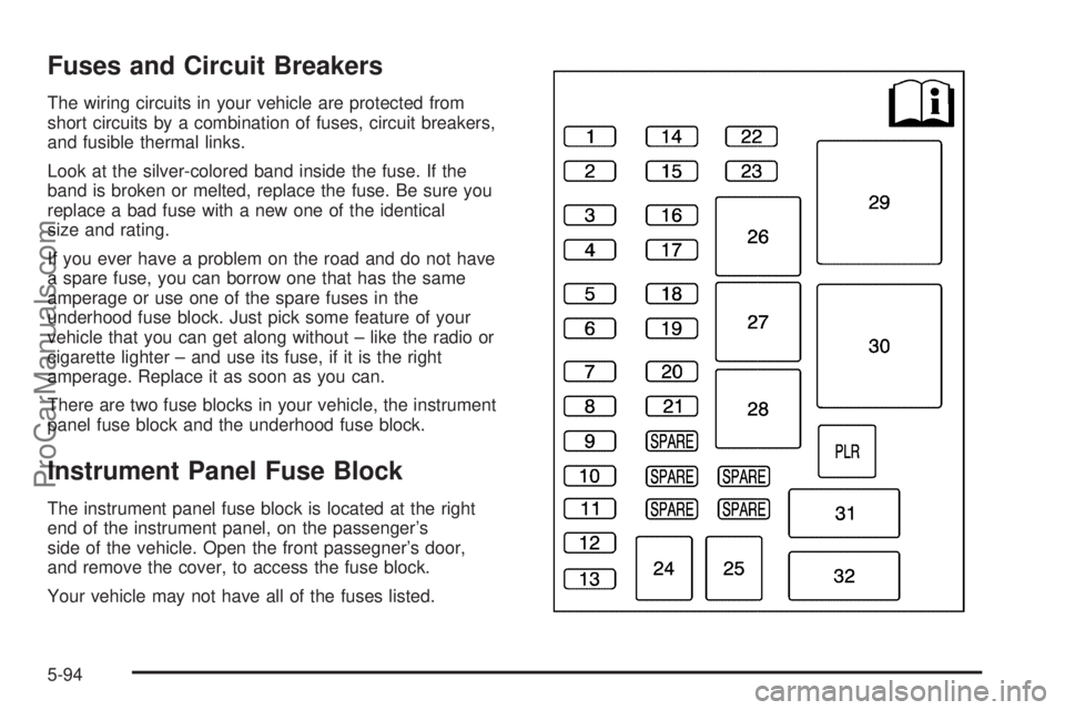 CHEVROLET UPLANDER 2006  Owners Manual Fuses and Circuit Breakers
The wiring circuits in your vehicle are protected from
short circuits by a combination of fuses, circuit breakers,
and fusible thermal links.
Look at the silver-colored band