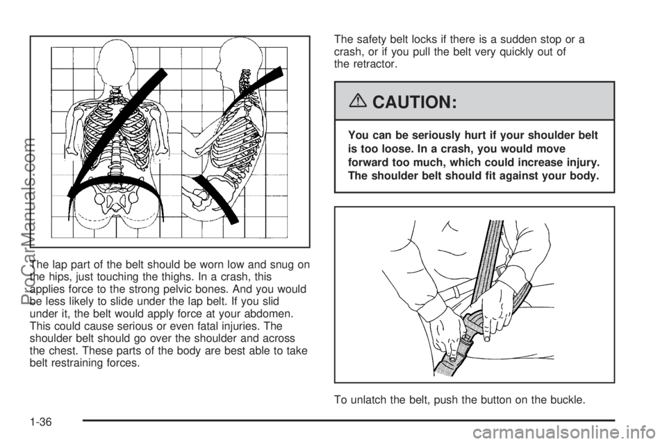CHEVROLET UPLANDER 2006  Owners Manual The lap part of the belt should be worn low and snug on
the hips, just touching the thighs. In a crash, this
applies force to the strong pelvic bones. And you would
be less likely to slide under the l