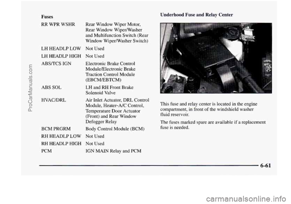 CHEVROLET VENTURE 1998  Owners Manual Fuses 
RR  WPR  WSHR Rear  Window  Wiper  Motor, 
Rear  Window Wipermasher 
and  Multifunction  Switch  (Rear 
Window  Wipermasher  Switch) 
LH HEADLP LOW Not  Used 
LH  HEADLP  HIGH  Not  Used  ABS/T