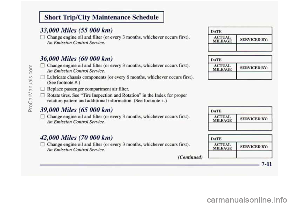 CHEVROLET VENTURE 1998  Owners Manual I Short  Trip/City  Maintenance  Schedule I 
33,000 Miles (55 000 km) 
0 Change engine oil and filter (or  every 3 months, whichever  occurs  first). 
An Emission Control Service. 
36,000 Miles (60 00