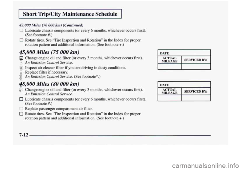 CHEVROLET VENTURE 1998  Owners Manual I Short  Trip/City  Maintenance  Schedule I 
42,000 Miles (70 000 km) (Continued) 
0 Lubricate  chassis  components  (or  every 6 months,  whichever  occurs  first). 
0 Rotate tires. See “Tire  Insp