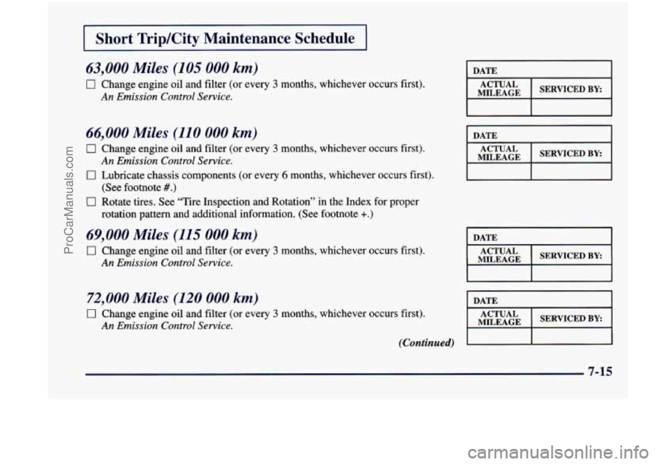 CHEVROLET VENTURE 1998  Owners Manual I Short Trip/City Maintenance Schedule I 
63,000 Miles  (105 000 km) 
0 Change engine oil and filter (or every 3 months,  whichever  occurs  first). 
An Emission Control  Service. 
66,000 Miles (110 0