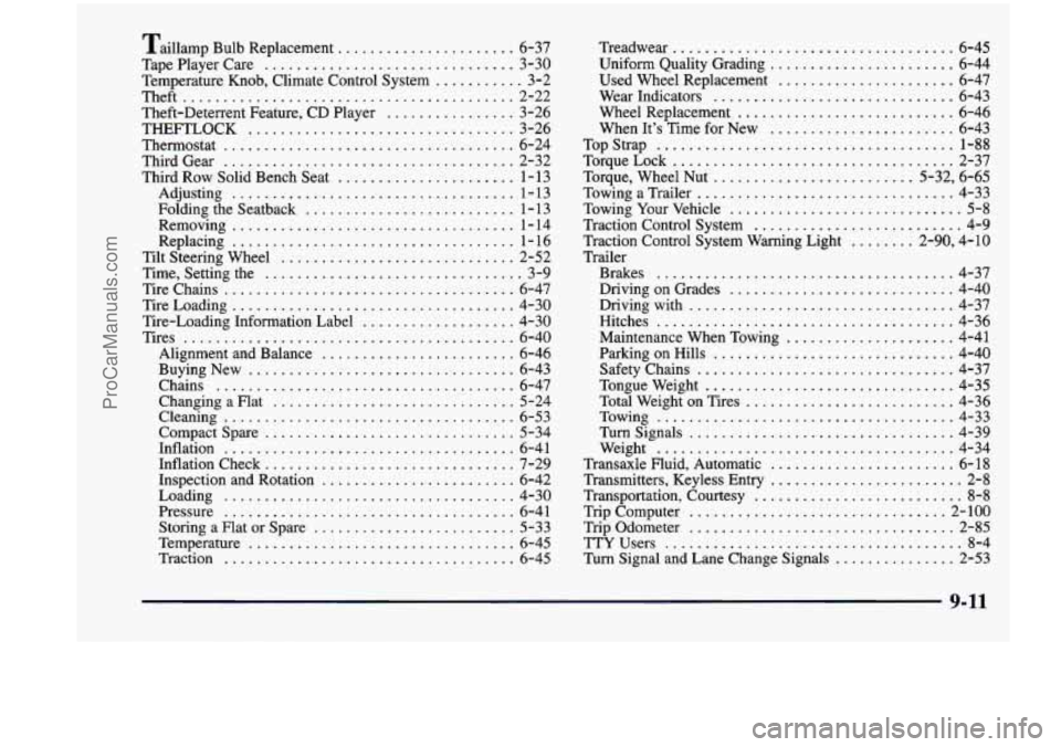CHEVROLET VENTURE 1998  Owners Manual Taillamp Bulb  Replacement ...................... 6-37 
TapePlayerCare 
............................... 3-30 
Temperature  Knob.  Climate  Control  System 
........... 3-2 
Theft 
....................