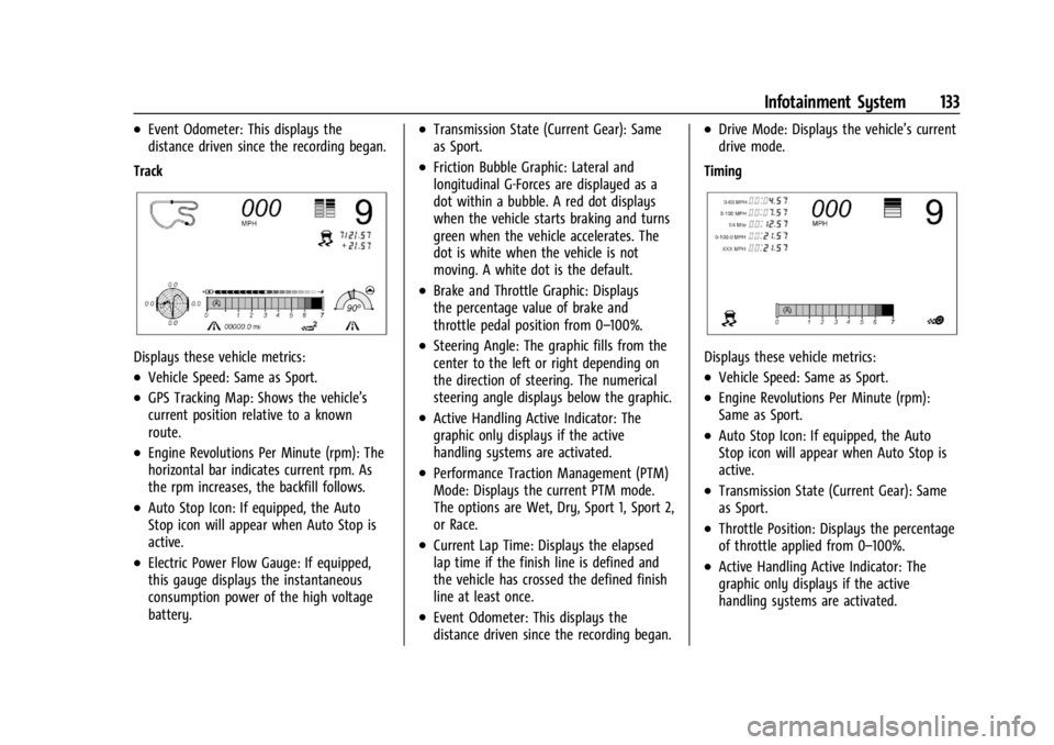 CHEVROLET CORVETTE 2024  Owners Manual Chevrolet Corvette Owner Manual (GMNA-Localizing-U.S./Canada/Mexico-
17272984) - 2024 - CRC - 2/20/23
Infotainment System 133
.Event Odometer: This displays the
distance driven since the recording beg