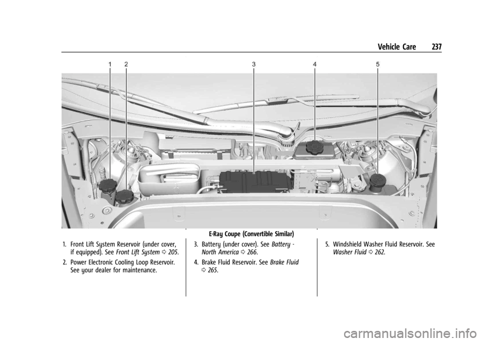 CHEVROLET CORVETTE 2024  Owners Manual Chevrolet Corvette Owner Manual (GMNA-Localizing-U.S./Canada/Mexico-
17272984) - 2024 - CRC - 2/20/23
Vehicle Care 237
E-Ray Coupe (Convertible Similar)
1. Front Lift System Reservoir (under cover, if