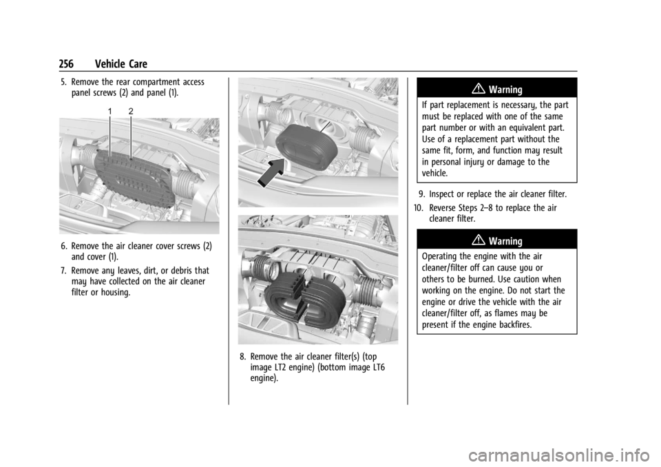CHEVROLET CORVETTE 2024  Owners Manual Chevrolet Corvette Owner Manual (GMNA-Localizing-U.S./Canada/Mexico-
17272984) - 2024 - CRC - 2/20/23
256 Vehicle Care
5. Remove the rear compartment accesspanel screws (2) and panel (1).
6. Remove th