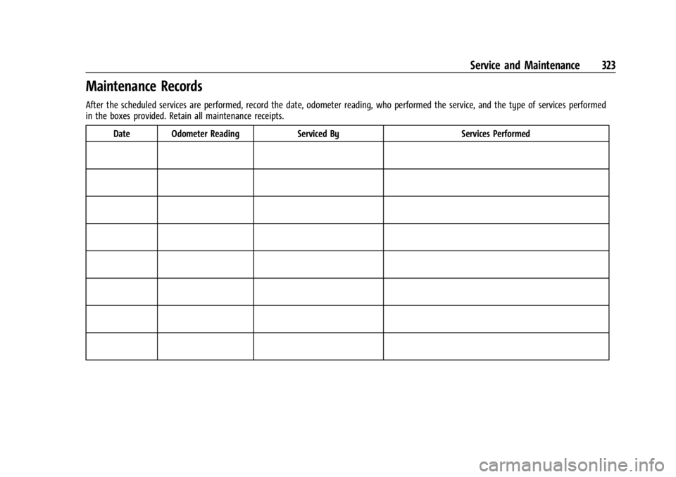 CHEVROLET CORVETTE 2024  Owners Manual Chevrolet Corvette Owner Manual (GMNA-Localizing-U.S./Canada/Mexico-
17272984) - 2024 - CRC - 2/20/23
Service and Maintenance 323
Maintenance Records
After the scheduled services are performed, record