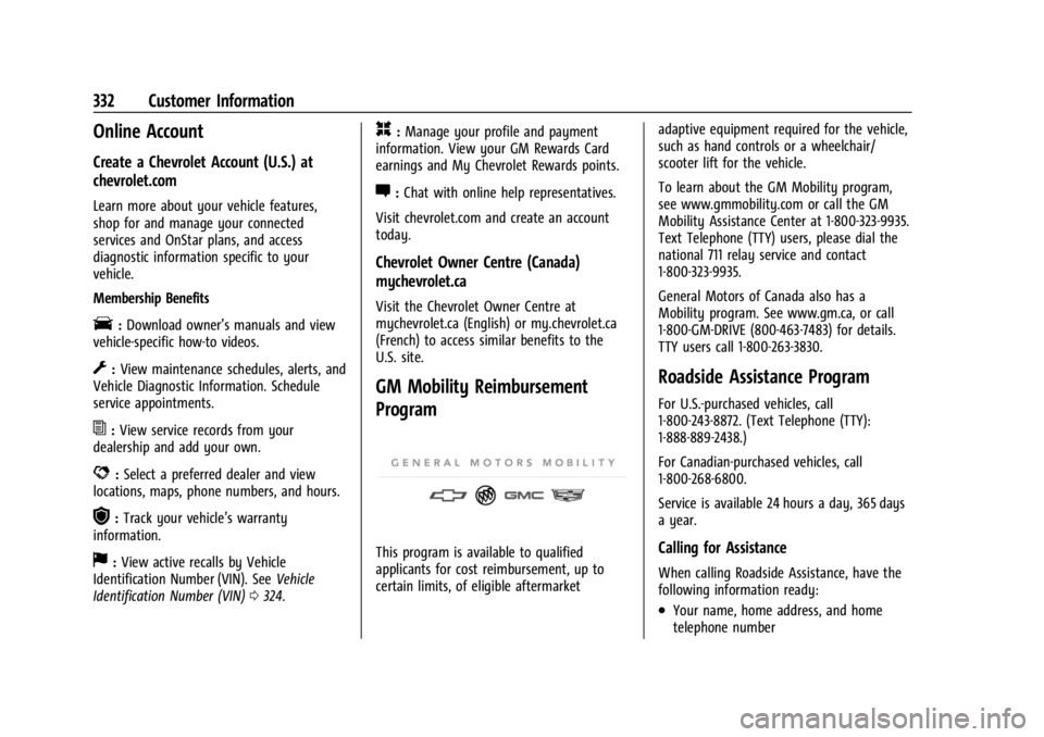 CHEVROLET CORVETTE 2024  Owners Manual Chevrolet Corvette Owner Manual (GMNA-Localizing-U.S./Canada/Mexico-
17272984) - 2024 - CRC - 2/20/23
332 Customer Information
Online Account
Create a Chevrolet Account (U.S.) at
chevrolet.com
Learn m