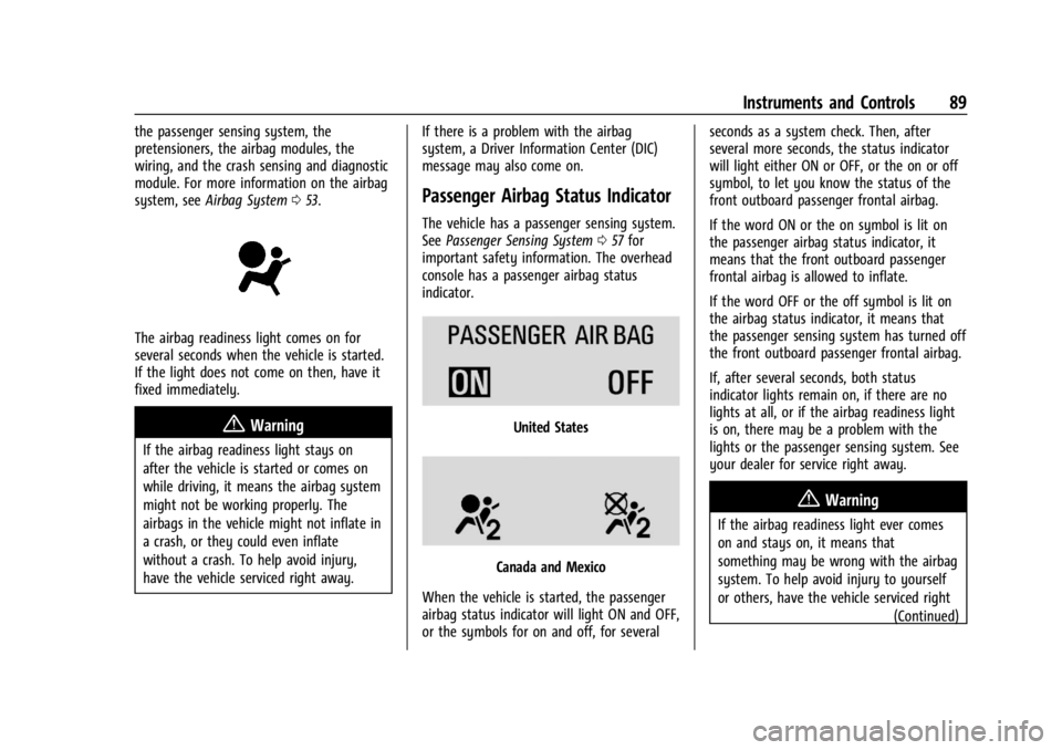 CHEVROLET CORVETTE 2024  Owners Manual Chevrolet Corvette Owner Manual (GMNA-Localizing-U.S./Canada/Mexico-
17272984) - 2024 - CRC - 2/20/23
Instruments and Controls 89
the passenger sensing system, the
pretensioners, the airbag modules, t